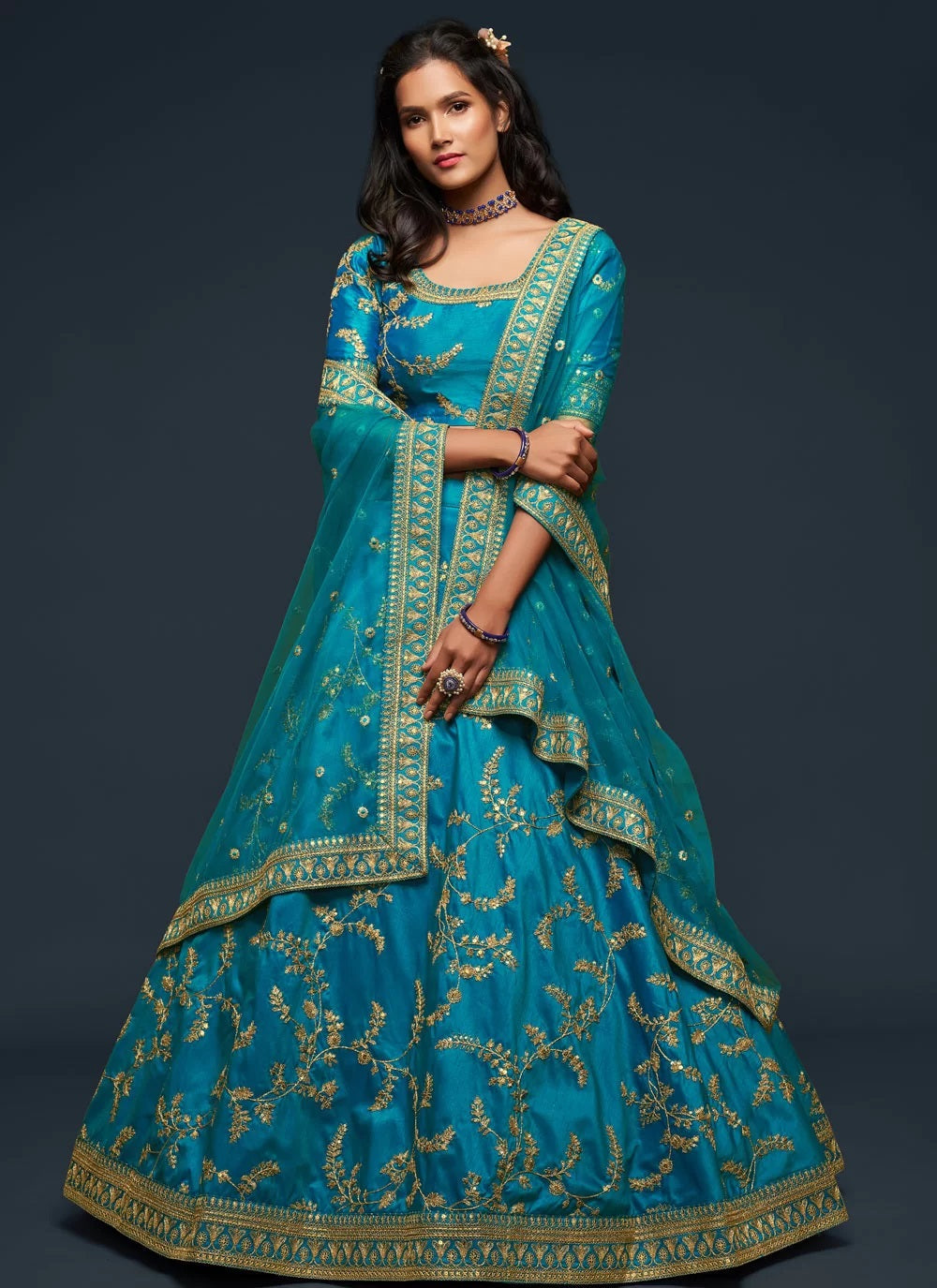 Teal blue zari work art silk lehenga for wedding