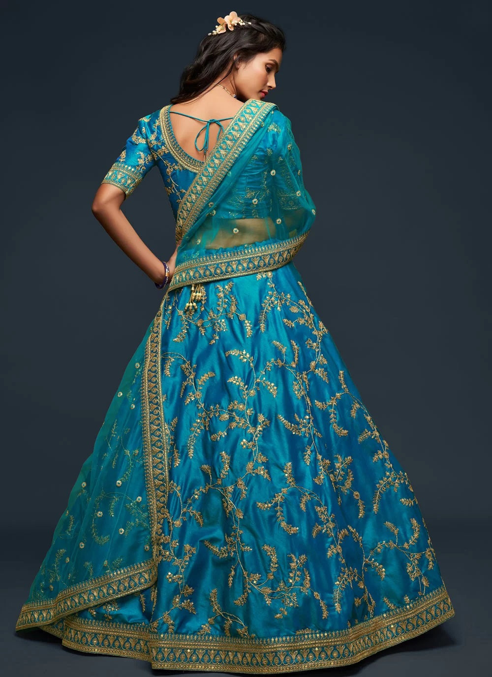 Teal blue zari work art silk lehenga for wedding