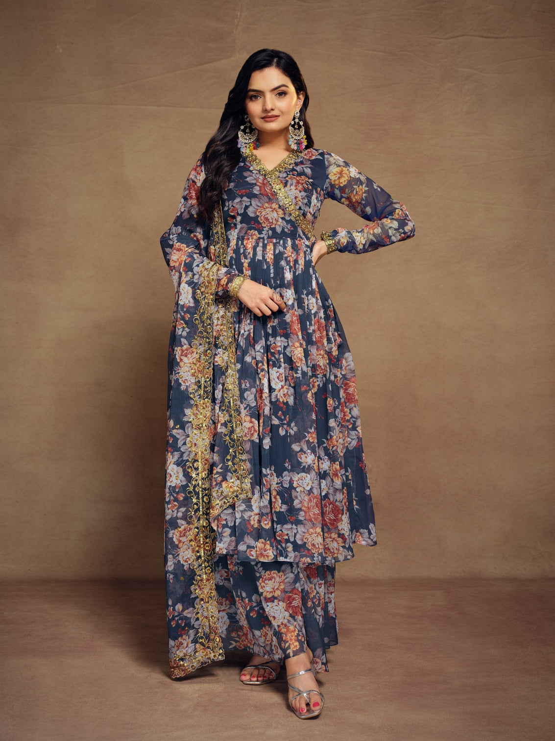 Teal Chiffon Printed Zari Work Sequence Suit with Palazzo and Dupatta