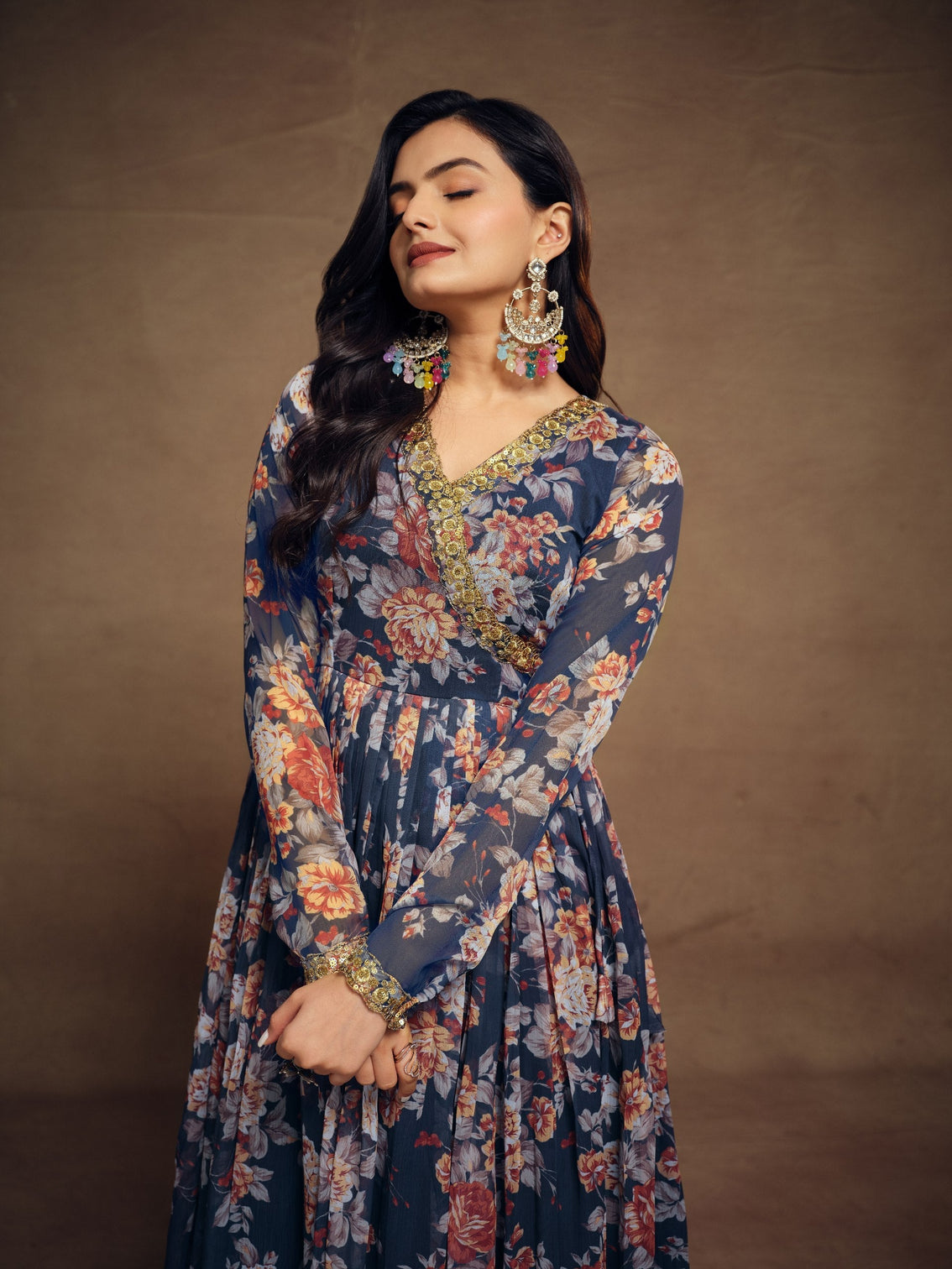 Teal Chiffon Printed Zari Work Sequence Suit with Palazzo and Dupatta