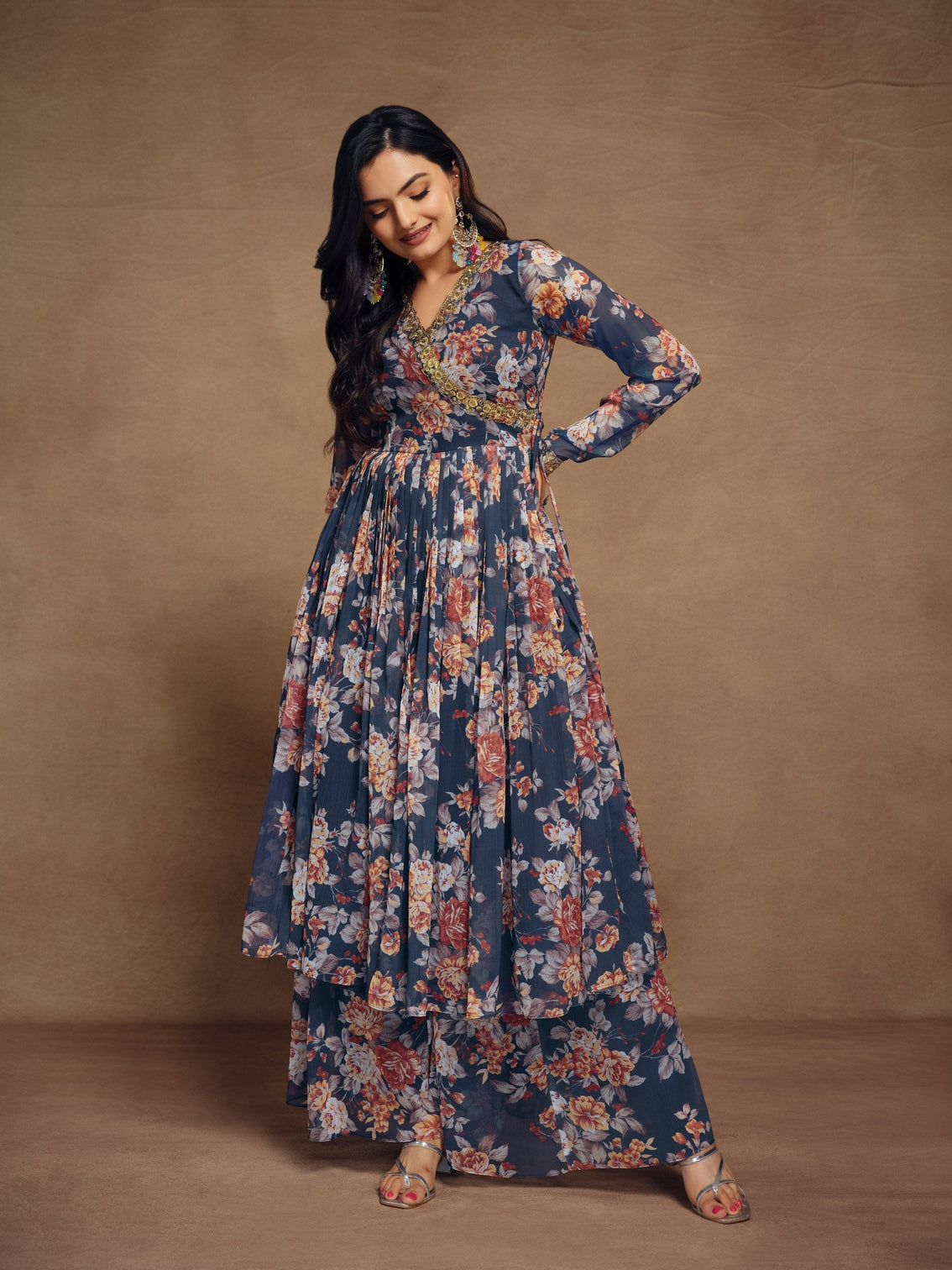 Teal Chiffon Printed Zari Work Sequence Suit with Palazzo and Dupatta