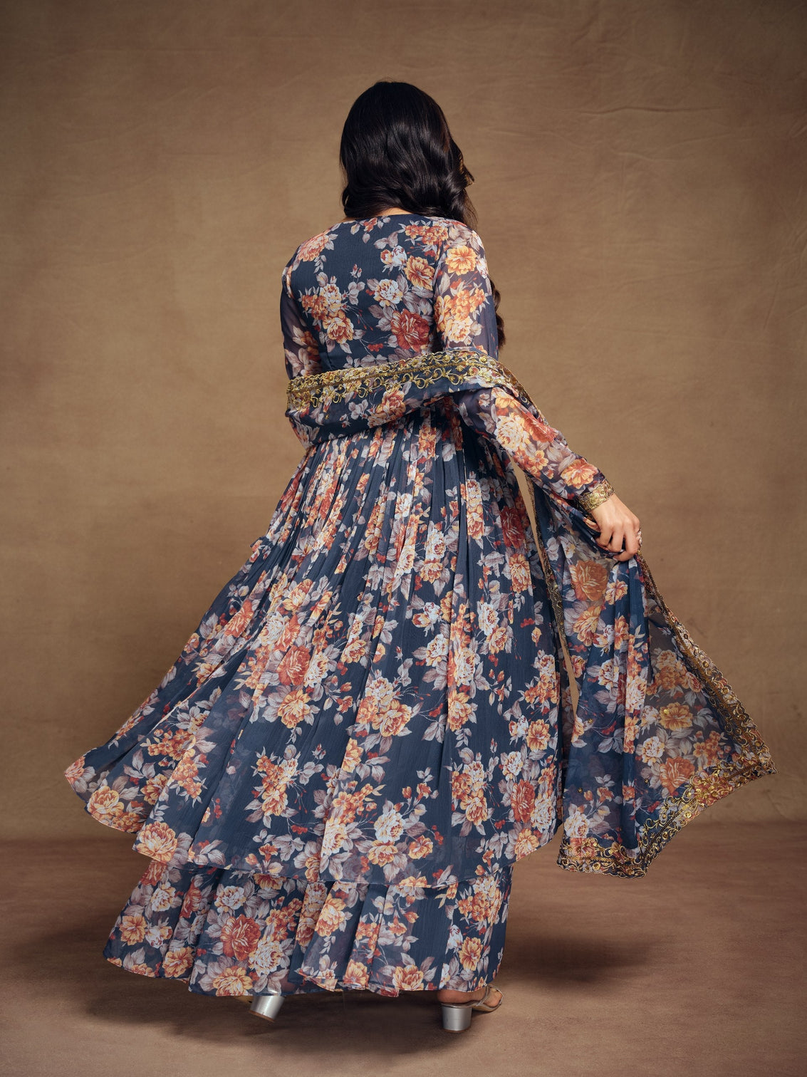Teal Chiffon Printed Zari Work Sequence Suit with Palazzo and Dupatta