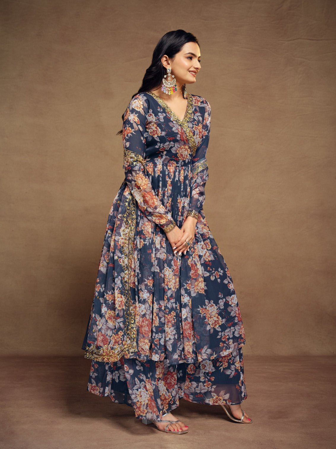 Teal Chiffon Printed Zari Work Sequence Suit with Palazzo and Dupatta