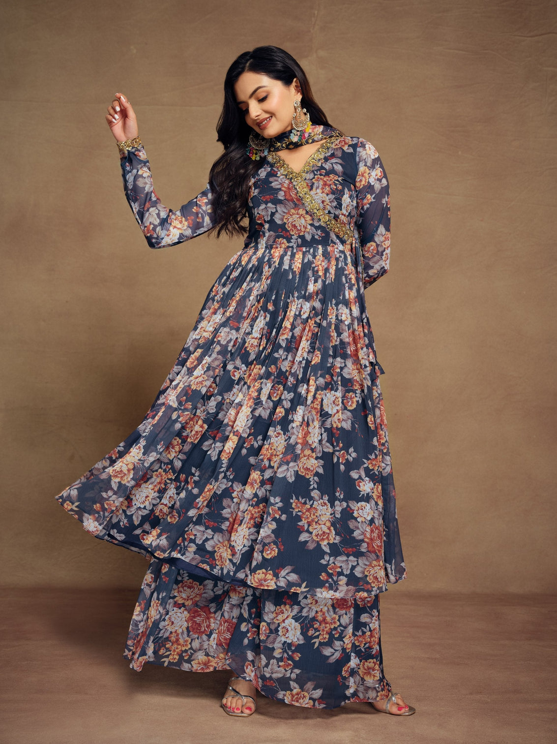 Teal Chiffon Printed Zari Work Sequence Suit with Palazzo and Dupatta