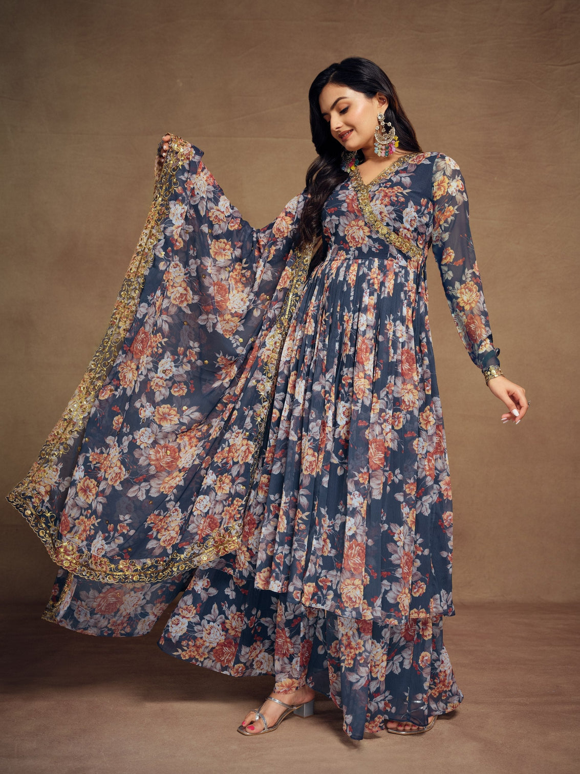 Teal Chiffon Printed Zari Work Sequence Suit with Palazzo and Dupatta