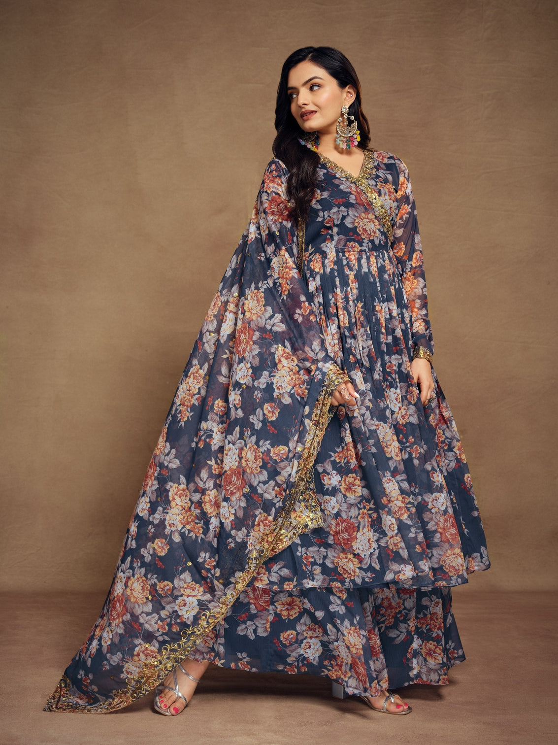 Teal Chiffon Printed Zari Work Sequence Suit with Palazzo and Dupatta