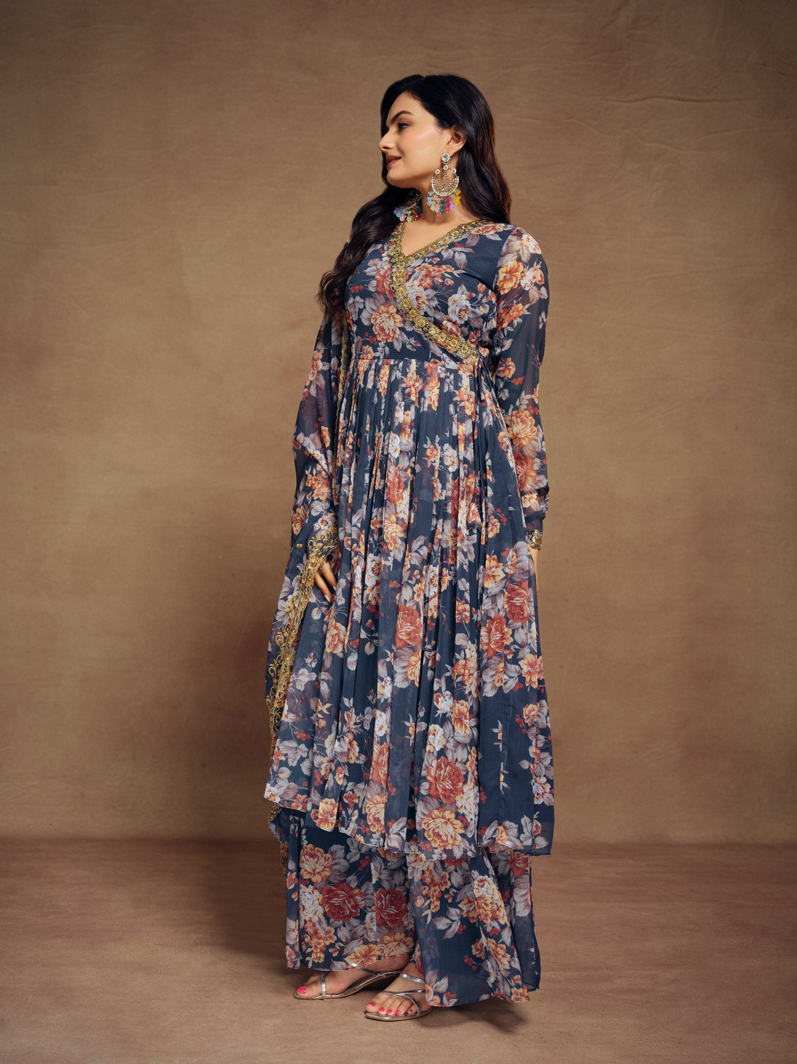 Teal Chiffon Printed Zari Work Sequence Suit with Palazzo and Dupatta