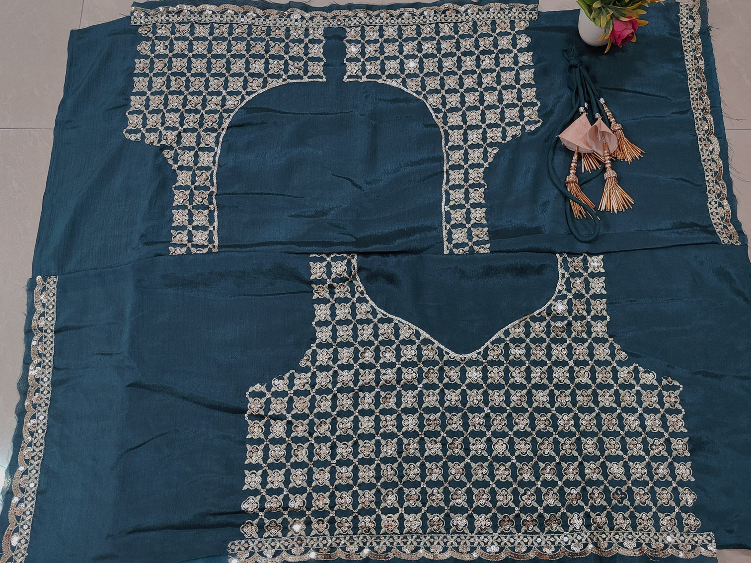 Teal Chinon Silk Sequin Lehenga