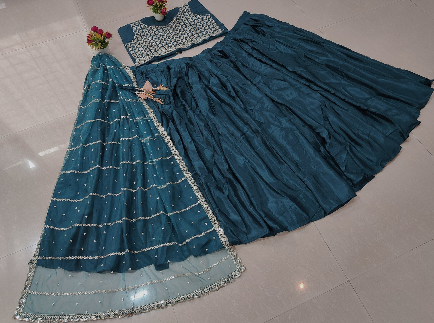 Teal Chinon Silk Sequin Lehenga