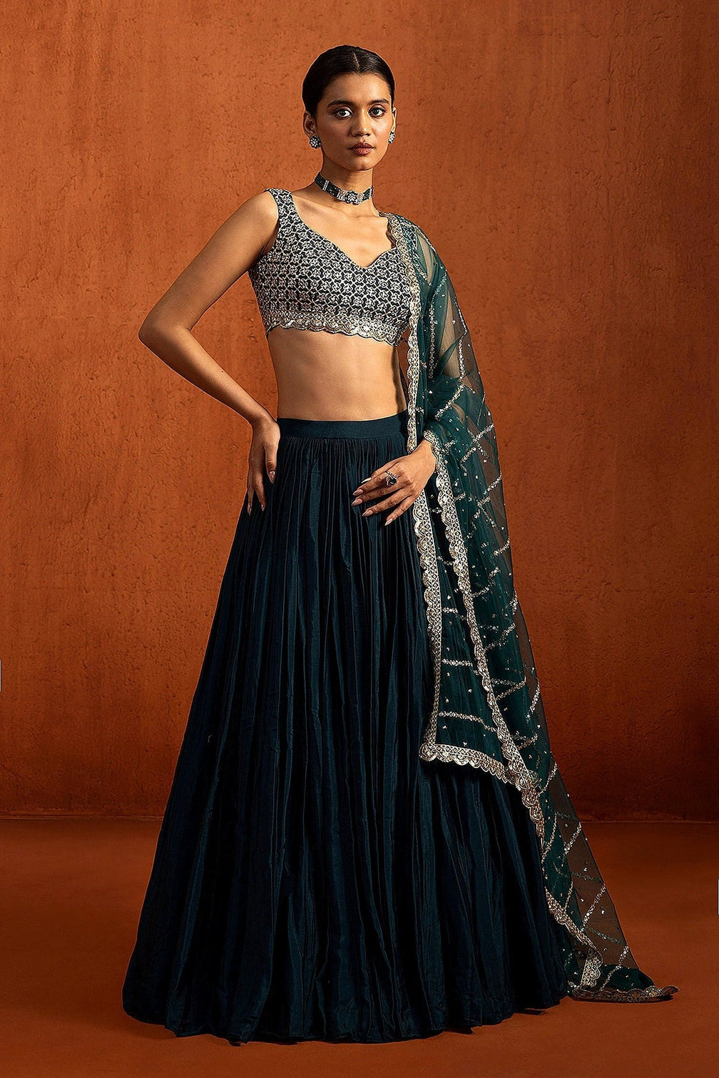 Teal Chinon Silk Sequin Lehenga