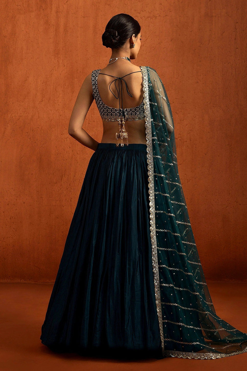 Teal Chinon Silk Sequin Lehenga
