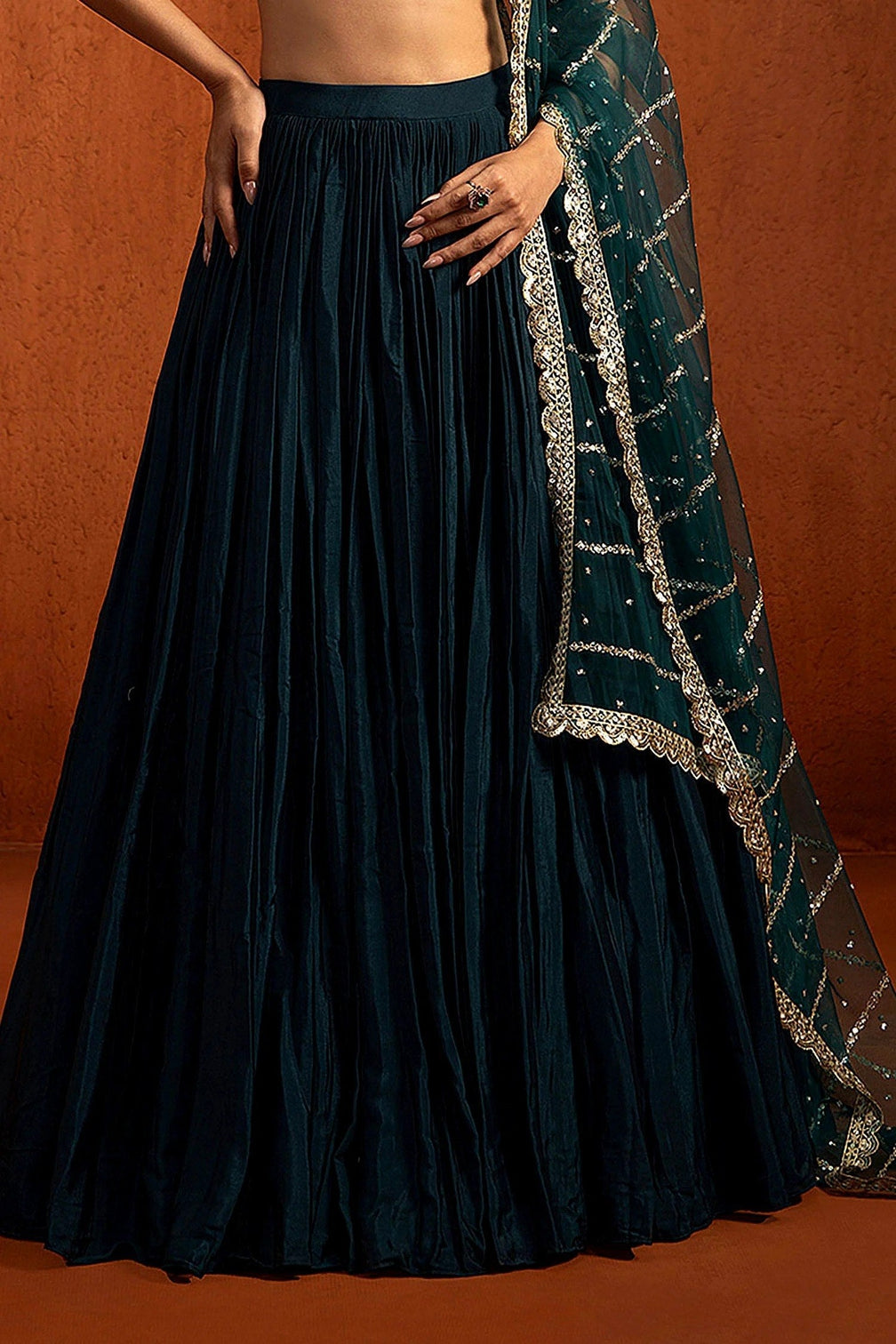 Teal Chinon Silk Sequin Lehenga
