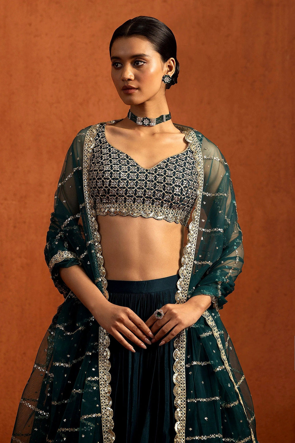 Teal Chinon Silk Sequin Lehenga