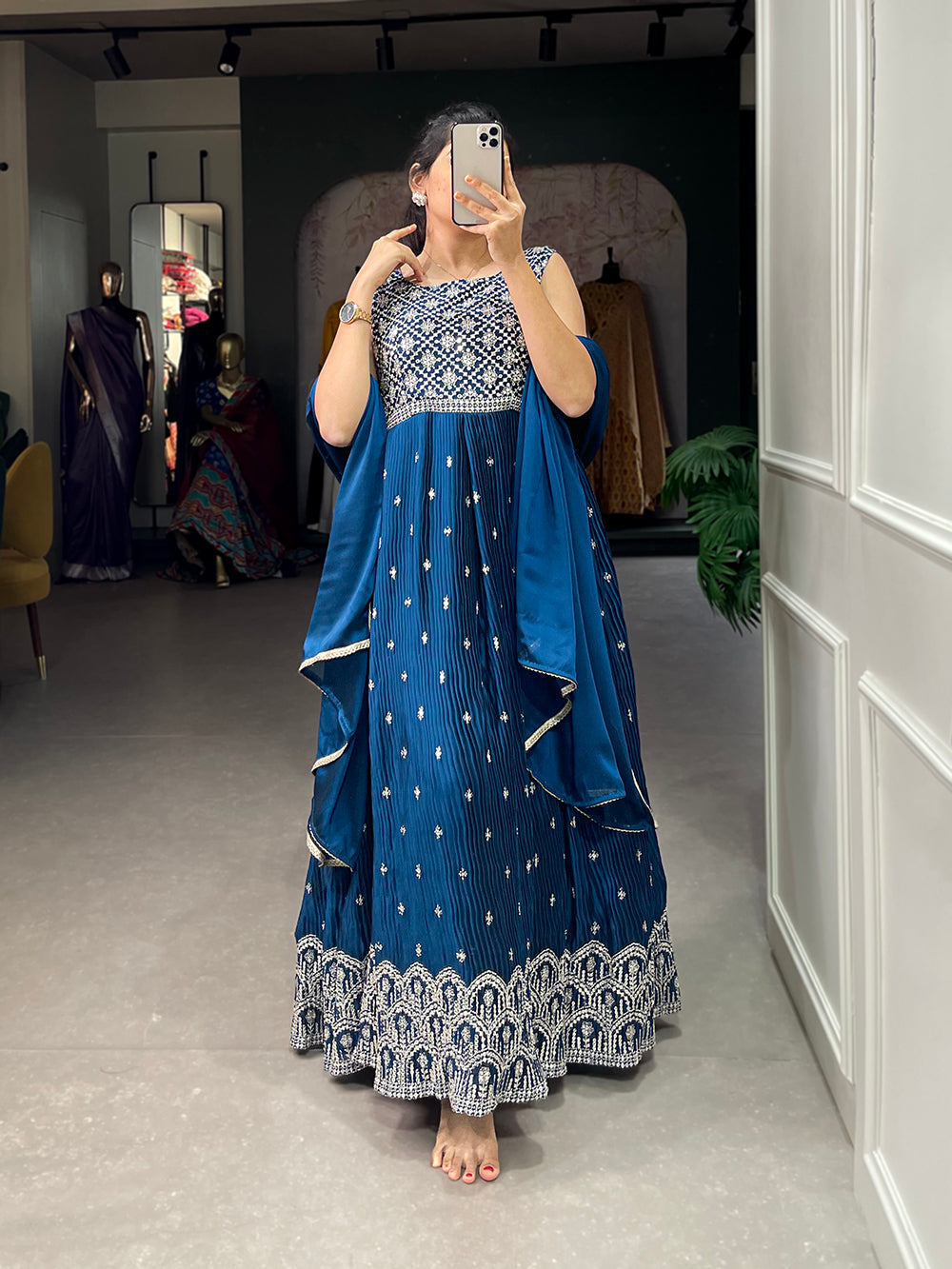 Teal Color Sequins And Thread Embroidery Work Crushed Rangoli Silk Dress