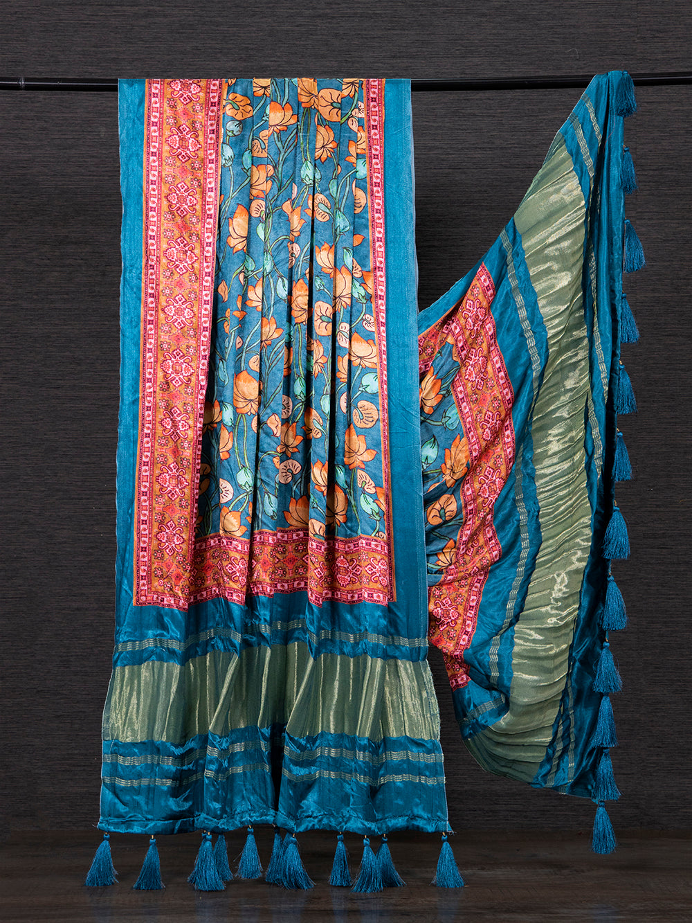 Teal color digital floral printed pure gaji silk dupatta
