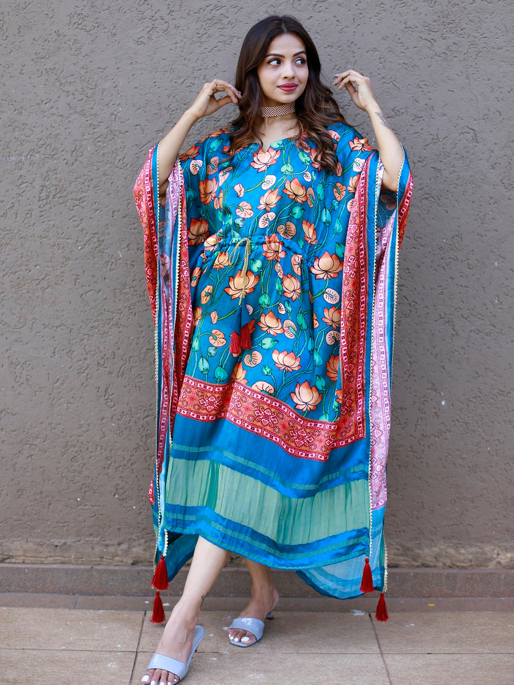 Teal color digital printed pure gaji silk kaftan dresses