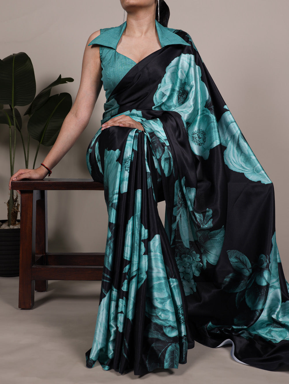 Teal floral printed satin silk saree with matching banglory blouse