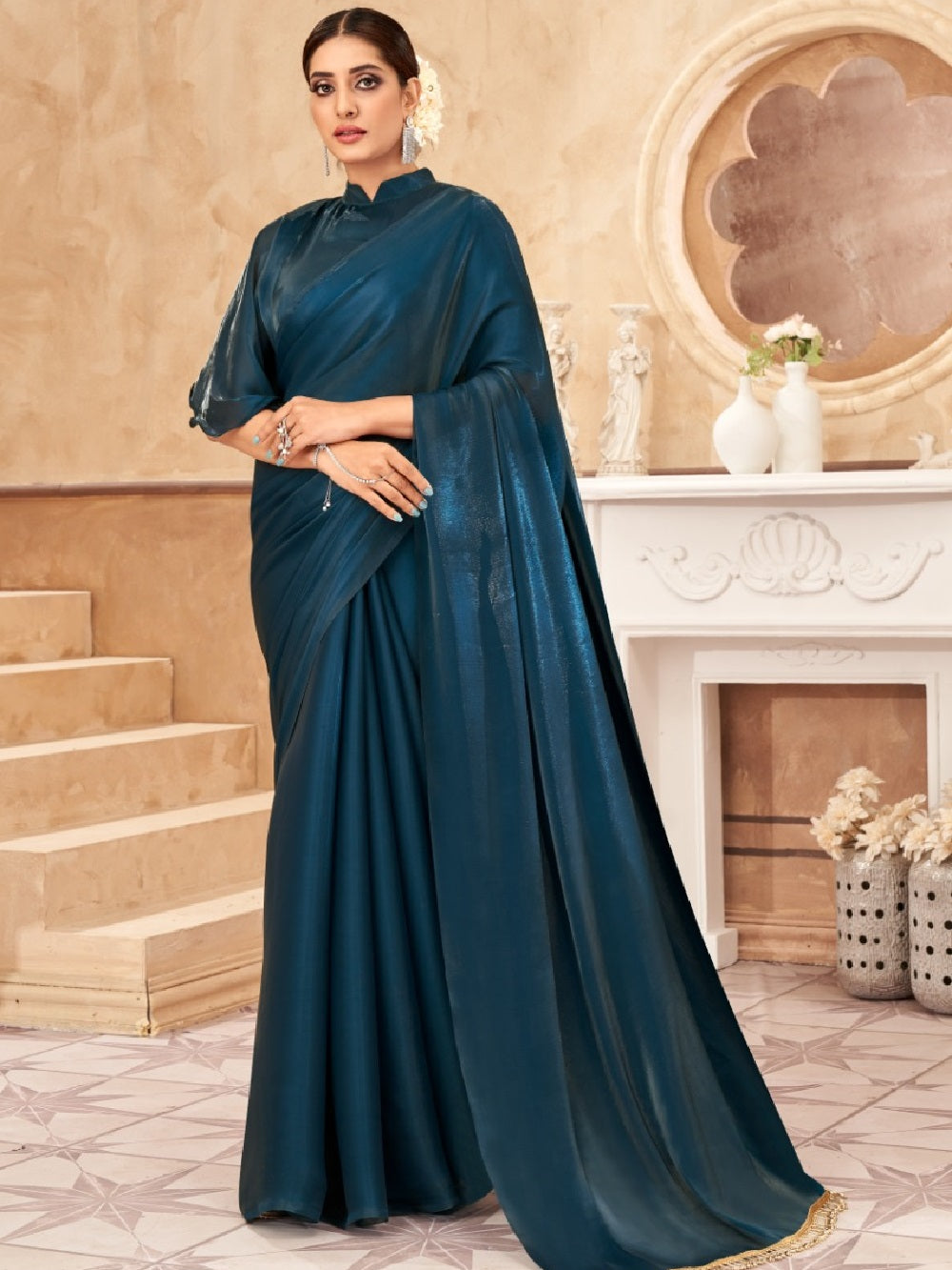 Teal Color Jimi Silk Plain Saree
