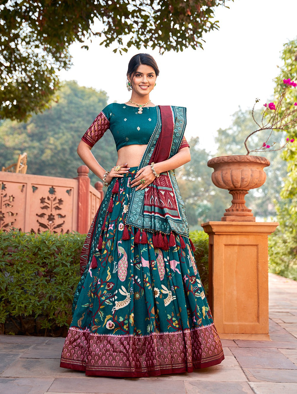 Teal Color Mesmerize in Dola Silk Elegance Printed Lehenga Choli Set with Foil Work & Minakari