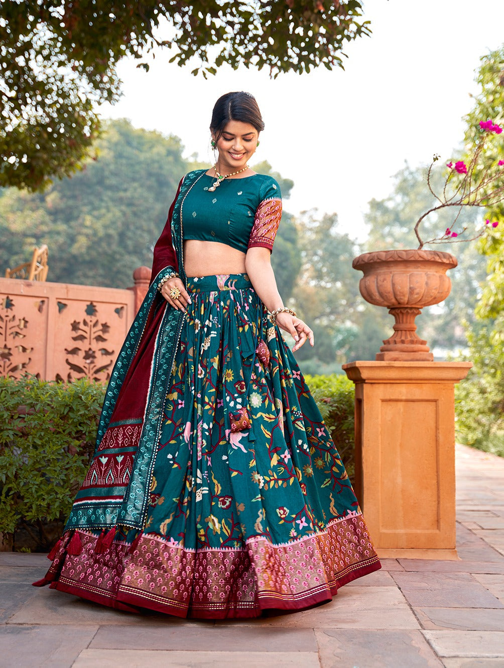 Teal Color Mesmerize in Dola Silk Elegance Printed Lehenga Choli Set with Foil Work & Minakari