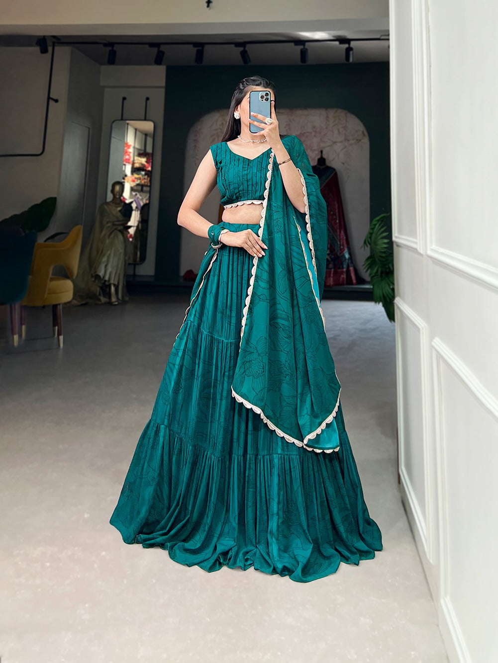 Teal Color Printed Georgette Lehenga Choli - Celebrate Style & Comfort