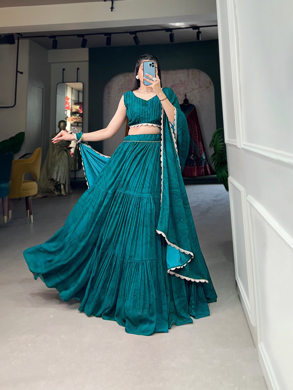 Teal Color Printed Georgette Lehenga Choli - Celebrate Style & Comfort