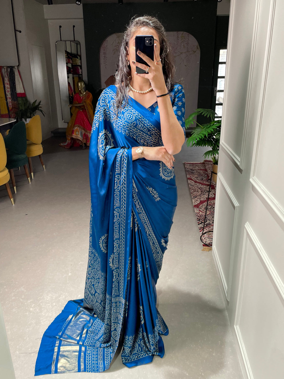 Teal Color Semi Gaji Satin Saree With Foil And Print Work