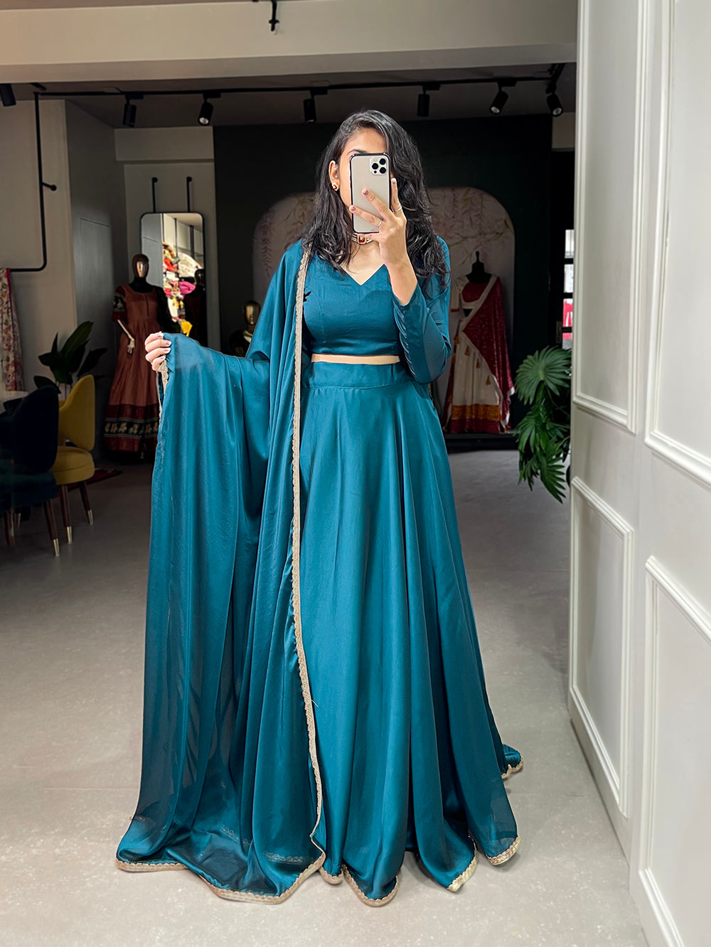 Teal Color Plain With Lace Border Rangoli Silk Lehenga Choli Set