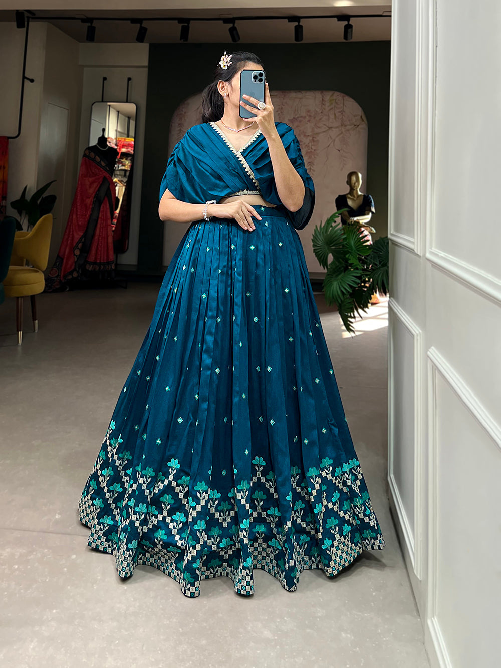 Teal Color Thread Embroidery Work Vichitra Silk Lehenga Choli