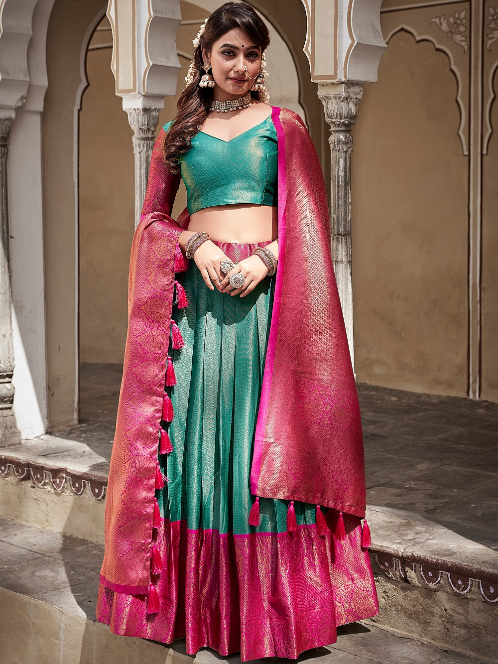 Teal Color Zari Weaving Work Jacquard Silk hyderabadi Lehenga Choli
