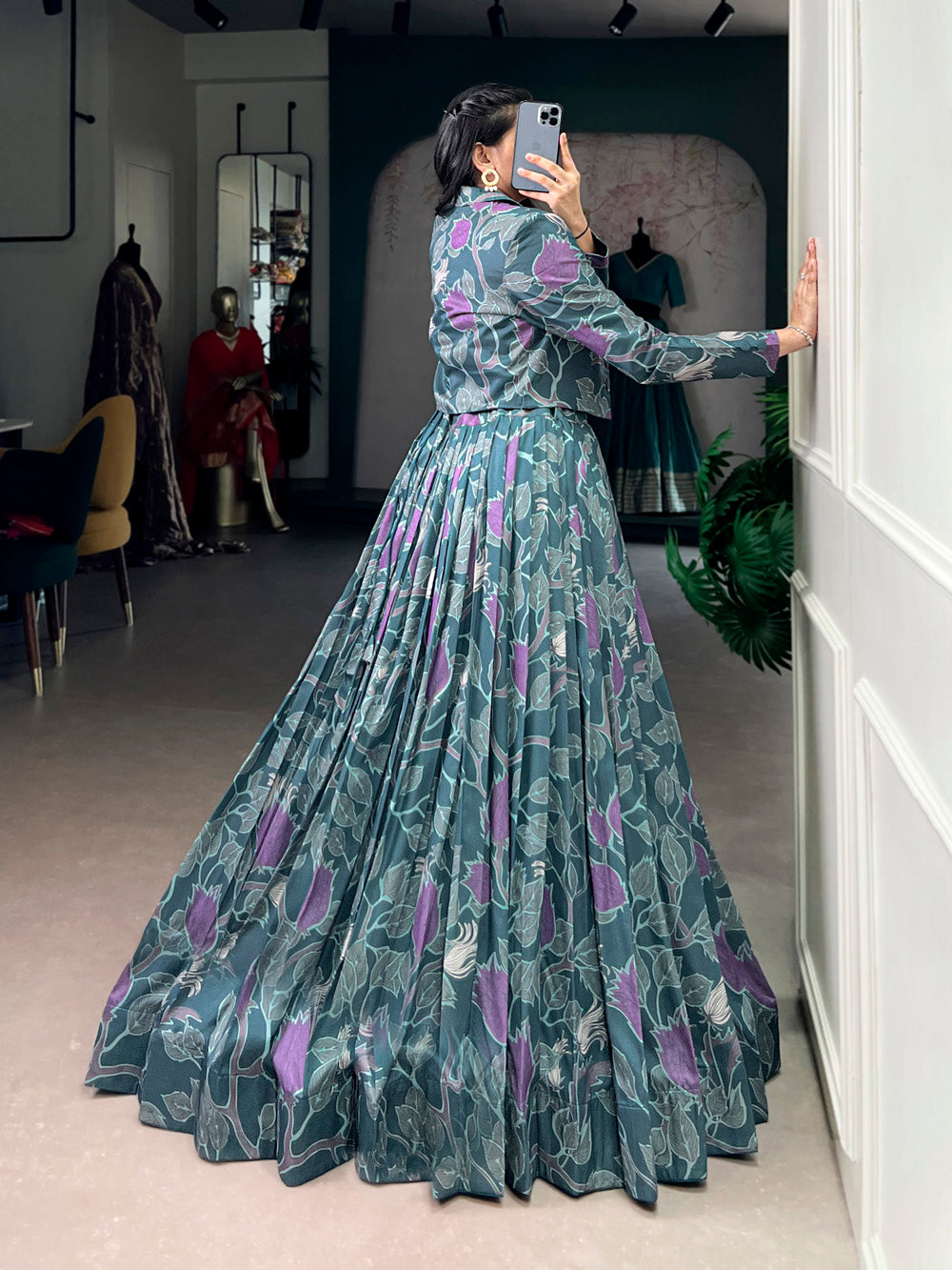 Teal blue color tasar silk co ord set
