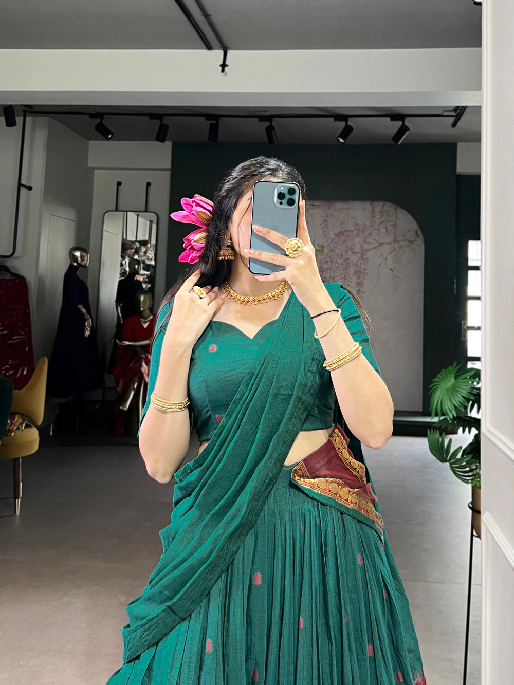 Teal chanderi lehenga choli with zari weaving border 4 meter flair