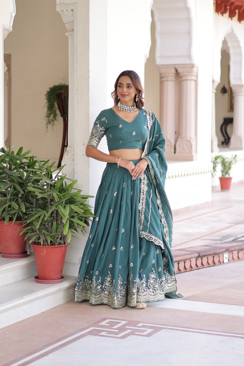 Teal Colour Premium Vichitra Silk Sequins & Zari Multi-Embroidered Lehenga Choli Set
