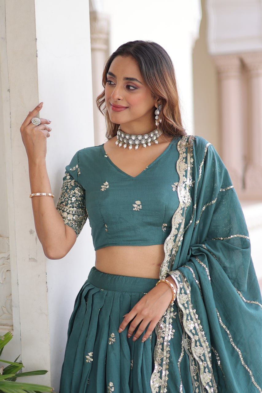 Teal Colour Premium Vichitra Silk Sequins & Zari Multi-Embroidered Lehenga Choli Set