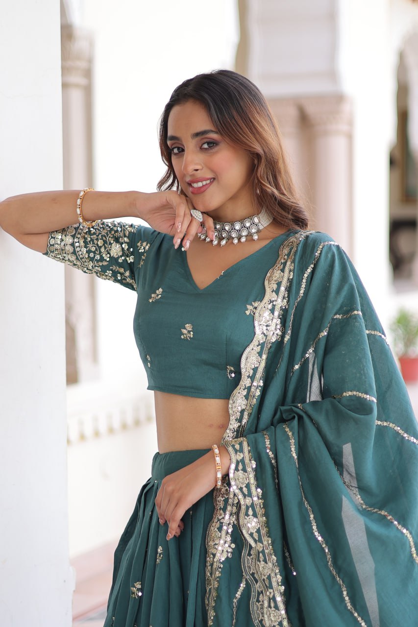 Teal Colour Premium Vichitra Silk Sequins & Zari Multi-Embroidered Lehenga Choli Set