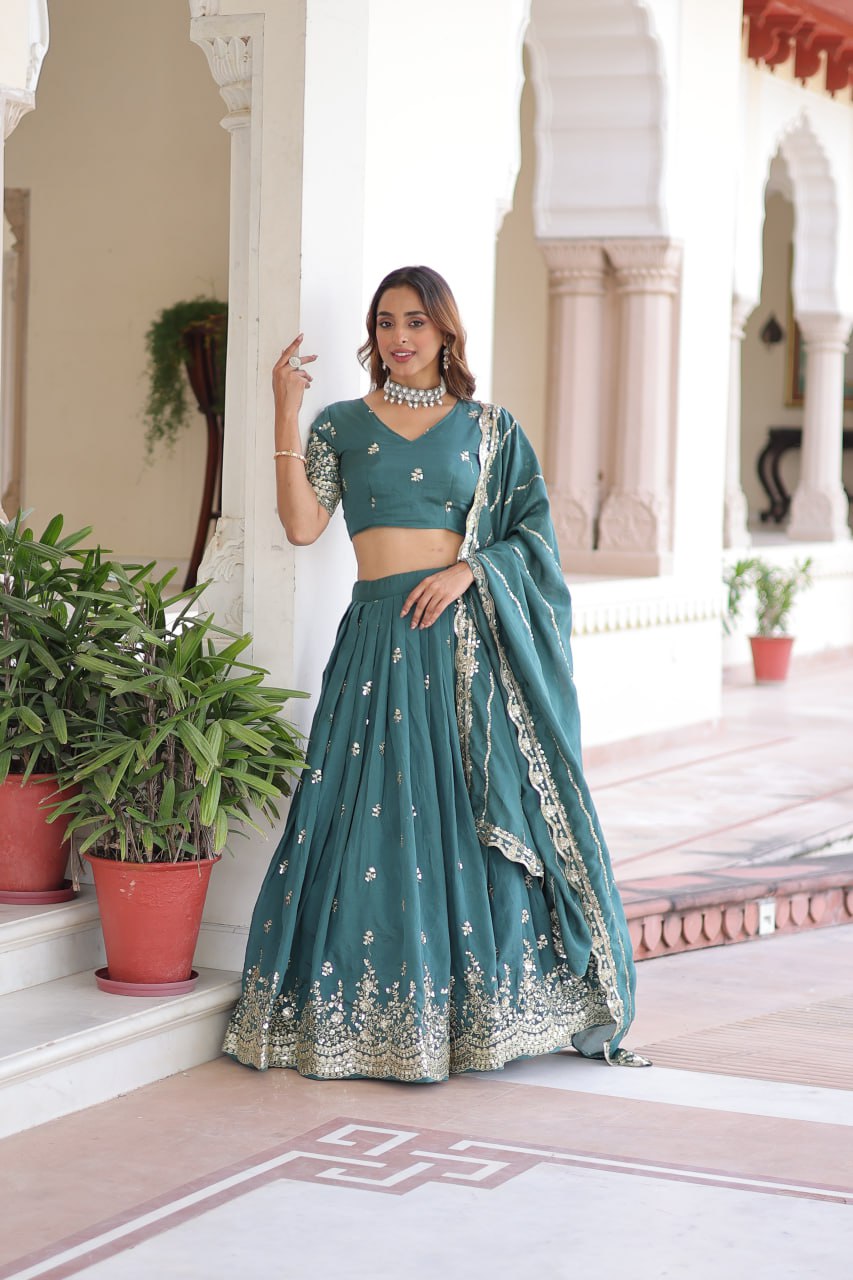 Teal Colour Premium Vichitra Silk Sequins & Zari Multi-Embroidered Lehenga Choli Set