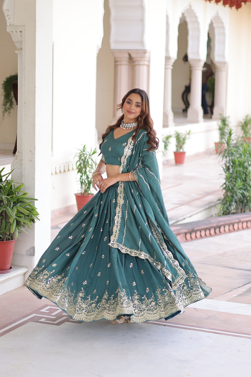 Teal Colour Premium Vichitra Silk Sequins & Zari Multi-Embroidered Lehenga Choli Set