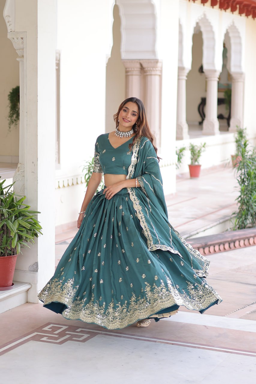 Teal Colour Premium Vichitra Silk Sequins & Zari Multi-Embroidered Lehenga Choli Set