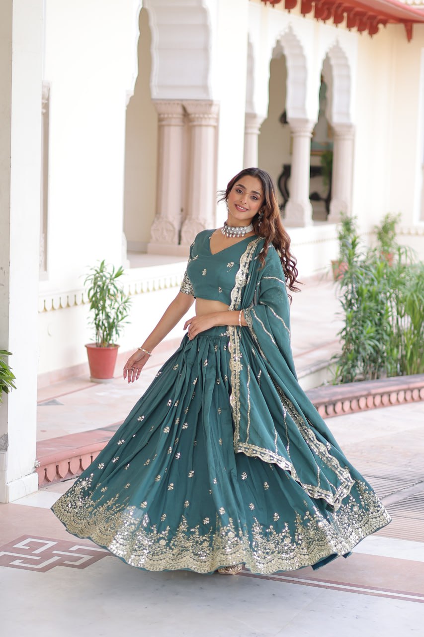 Teal Colour Premium Vichitra Silk Sequins & Zari Multi-Embroidered Lehenga Choli Set