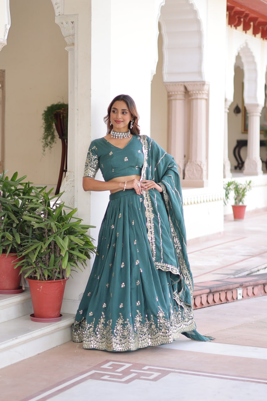 Teal Colour Premium Vichitra Silk Sequins & Zari Multi-Embroidered Lehenga Choli Set