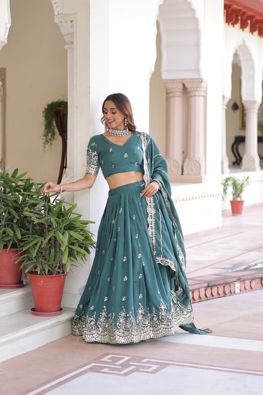 Teal Colour Premium Vichitra Silk Sequins & Zari Multi-Embroidered Lehenga Choli Set