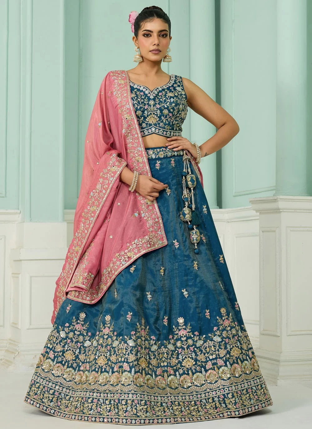 Majestic teal cosmos silk lehenga with sequin beads embroidery