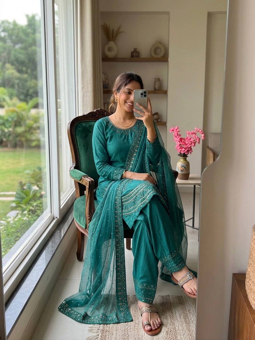 Teal Crepe Farshi Palazzo Suit