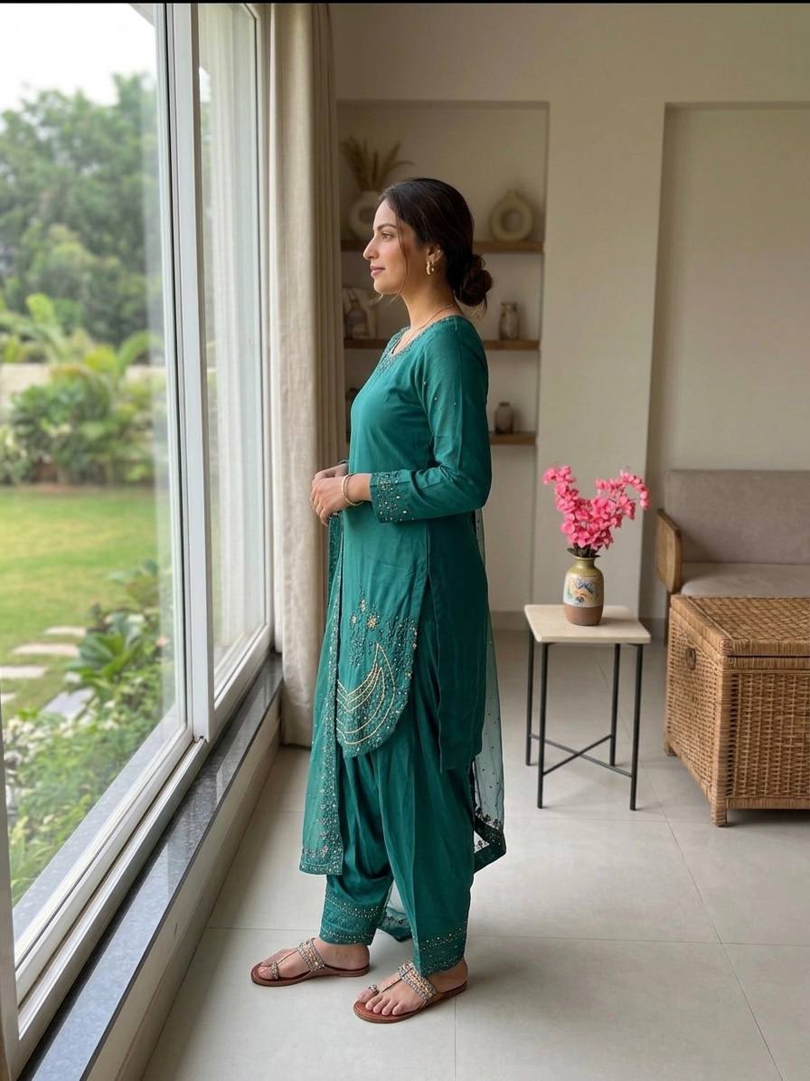 Teal Crepe Farshi Palazzo Suit