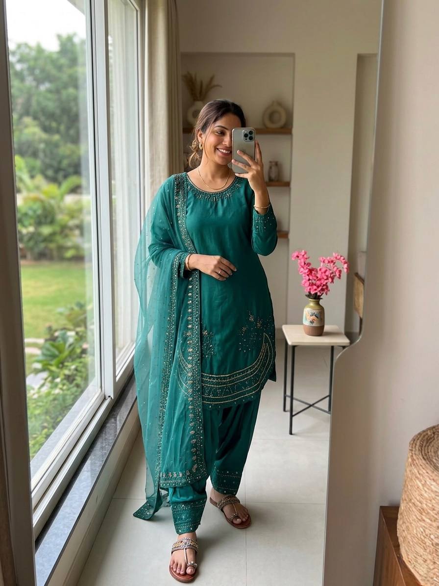 Teal Crepe Farshi Palazzo Suit