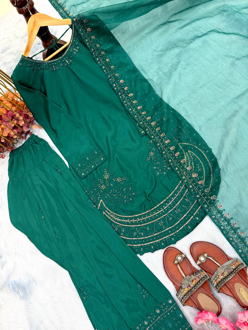 Teal Crepe Farshi Palazzo Suit