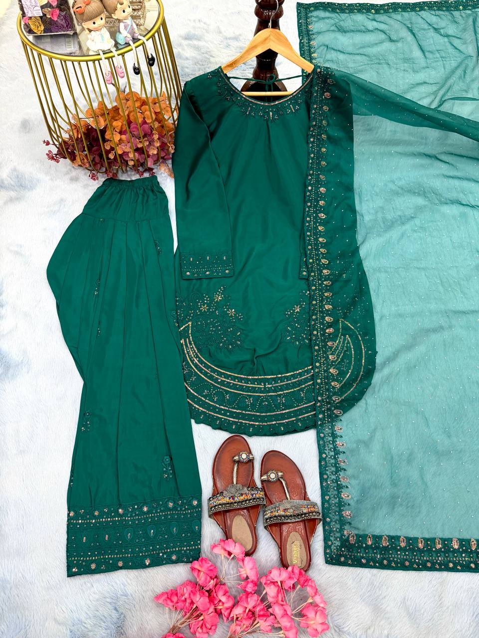 Teal Crepe Farshi Palazzo Suit