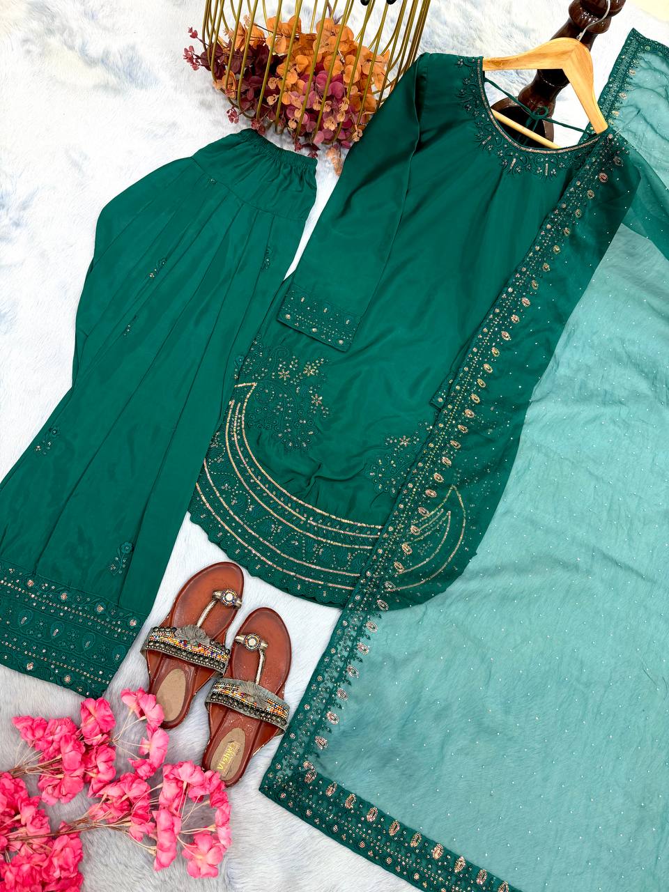 Teal Crepe Farshi Palazzo Suit
