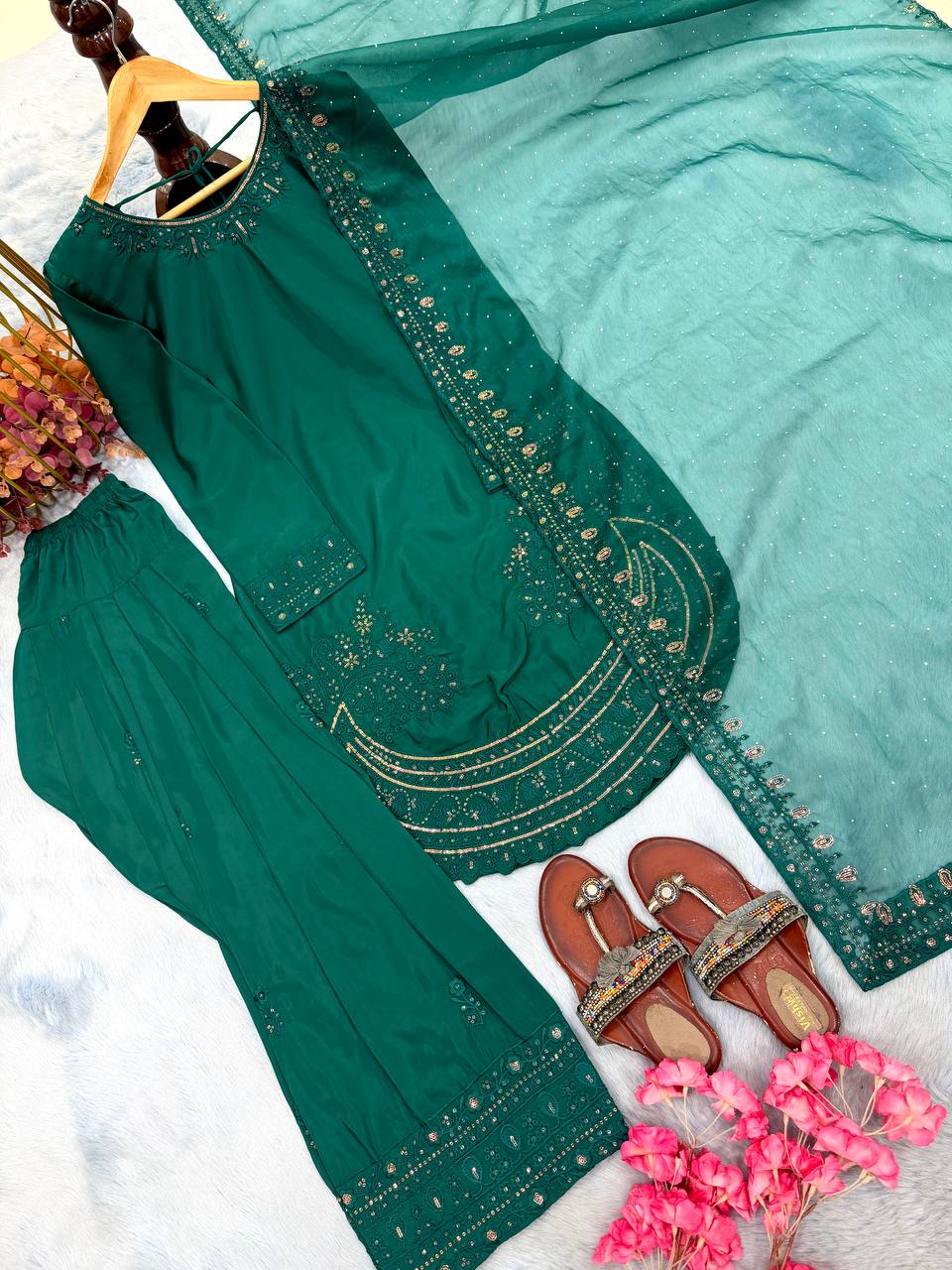 Teal Crepe Farshi Palazzo Suit