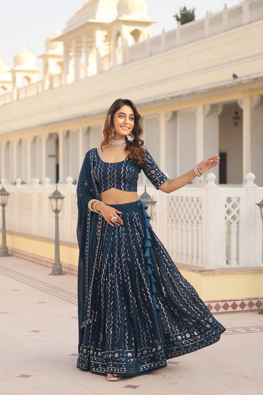 Teal Dazzling Faux Blooming Lehenga Choli with Sequins & Thread Embroidery